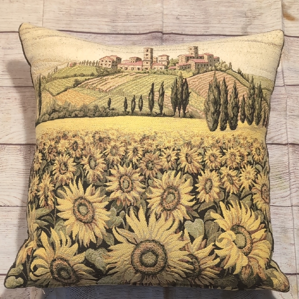 Hines Of Oxford Sunflowers Of Tuscany Tapestry Brown Velvet Back Down Pillow